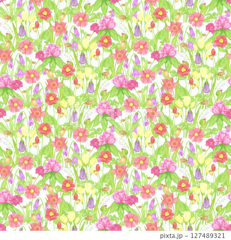 Hand drawn watercolor wildflowers seamless pattern. Flower of the field isolated on white background. Can be used for textile, fabric, scrapbook and other printed products. 127489321