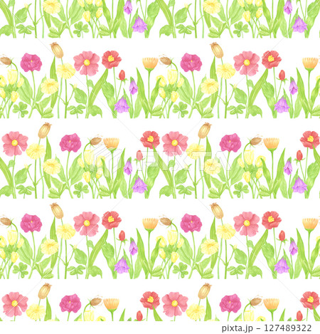 Hand drawn watercolor wildflowers flowerbed seamless pattern. Flower of the field isolated on white background. Can be used for textile, fabric, scrapbook and other printed products. 127489322
