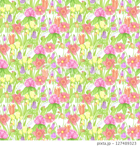Hand drawn watercolor wildflowers field seamless pattern. Flower of the field isolated on white background. Can be used for textile, fabric, scrapbook and other printed products. 127489323