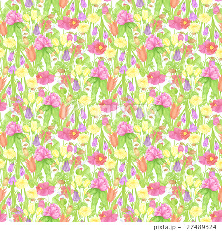 Hand drawn watercolor wildflowers field seamless pattern. Flower of the field isolated on white background. Can be used for textile, fabric, scrapbook and other printed products. 127489324