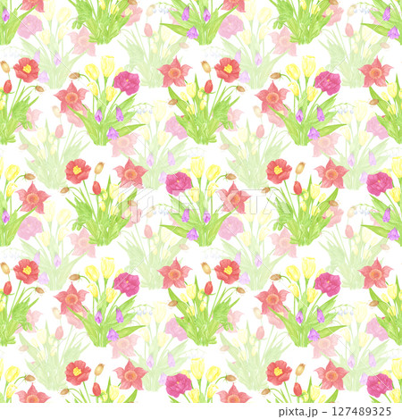 Hand drawn watercolor wildflowers bouquets seamless pattern. Flower of the field isolated on white background. Can be used for textile, fabric, scrapbook and other printed products. Hand drawn watercolor wildflowers bouquets seamless pattern. Flower of the field isolated on white background. Can be used for textile, fabric, scrapbook and other printed products. 127489325