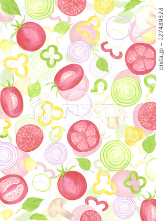 Hand drawn watercolor vegetables poster. Illustration of cut tomatoes pepper onion isolated on white background. Can be used for label, card, scrapbook and other printed products. Hand drawn watercolor vegetables poster. Illustration of cut tomatoes pepper onion isolated on white background. Can be used for label, card, scrapbook and other printed products. 127489328