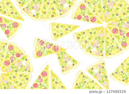 Hand drawn watercolor pizza slices postcard. Illustration of cut tomato olive pepper isolated on white background. Can be used for label, card, scrapbook and other printed products. 127489329