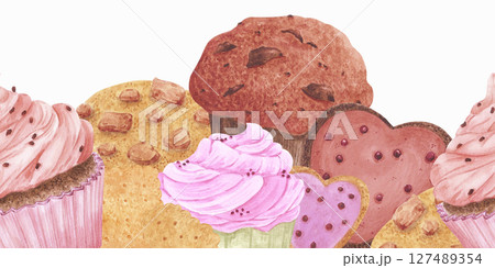 Hand drawn watercolor bakery seamless frame border. Illustration of food isolated on white background. Can be used for textile, fabric, scrapbook and other printed products. Hand drawn watercolor bakery seamless frame border. Illustration of food isolated on white background. Can be used for textile, fabric, scrapbook and other printed products. 127489354