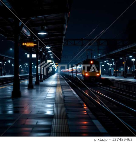 夜の駅と発車する列車、静けさと光のコントラスト 127489462