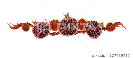 Watercolor border with red orange, granate and splash. Isolated in white. Hand-drawn illustration 127489756