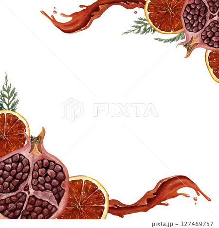 Watercolor frame with red orange, granate and splash. Isolated in white. 127489757