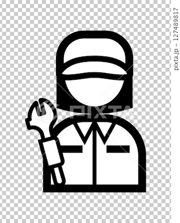 Simple monochrome illustration icon of a mechanic holding a spanner 127489817