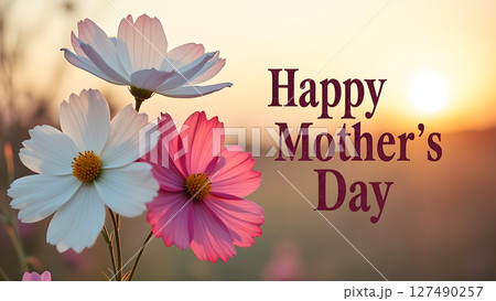 Beautiful Mother's Day Greeting with Flowers and Warm Sunset Background Image Beautiful Mother's Day Greeting with Flowers and Warm Sunset Background Image 127490257