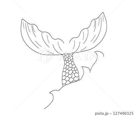 Hand-drawn mermaid tail illustration with wave lines and fantasy elements. Tattoo-style black outline for sea-inspired, feminine, or mythological vector projects. 127490325