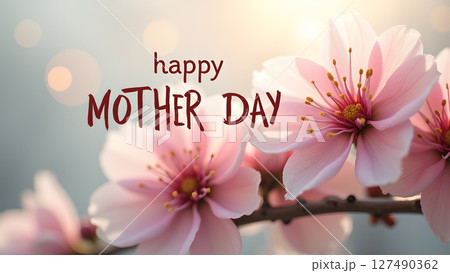 Happy Mother's Day greeting card with blossoming pink almond tree flowers Happy Mother's Day greeting card with blossoming pink almond tree flowers 127490362