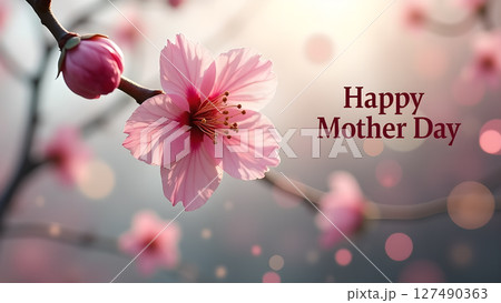 Elegant Mother's Day greeting with blossoming cherry tree and soft bokeh 127490363