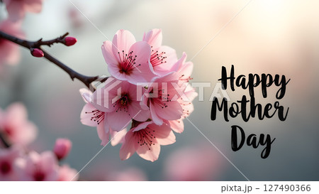 Beautiful pink cherry blossom flowers celebrating Happy Mother's Day message 127490366