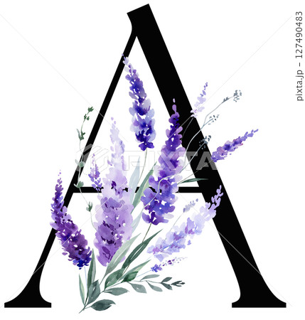Black letter A with watercolor purple lavender flowers, summer floral wedding isolated monogram 127490483