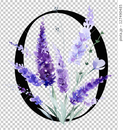 Black number 0 with watercolor purple lavender flowers bouquet, summer floral wedding element 127490485
