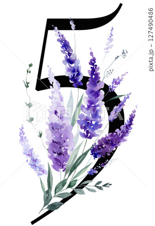 Black number 5 with watercolor purple lavender flowers bouquet, summer floral wedding element 127490486