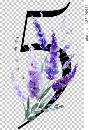 Black number 5 with watercolor purple lavender flowers bouquet, summer floral wedding element 127490486