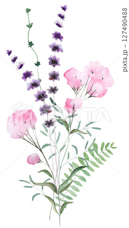 Bouquet made of watercolor pink wild flowers and leaves, wedding and greeting illustration 127490488