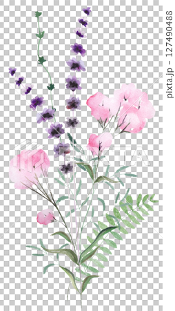 Bouquet made of watercolor pink wild flowers and leaves, wedding and greeting illustration 127490488