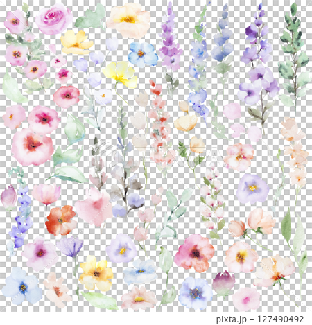 Watercolor yellow, pink, light blue and lavender wild flowers and leaves, wedding isolated illustration 127490492