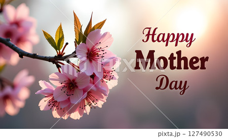 Delicate pink cherry blossoms and a heartfelt greeting for Mother's Day celebration Delicate pink cherry blossoms and a heartfelt greeting for Mother's Day celebration 127490530