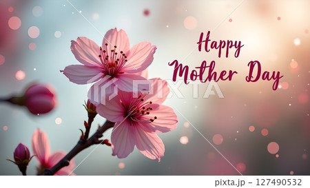 Elegant Mother's Day floral greeting card with delicate pink cherry blossoms 127490532