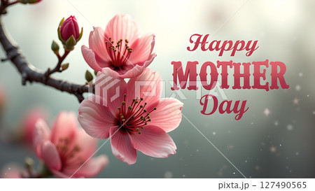 A delightful Mother's Day card with blooming cherry blossoms in soft focus 127490565