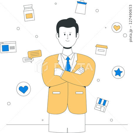 A confident businessman with strong brand identity and professional aura stands with arms crossed, surrounded by business icons, symbolizing successful brand management 127490653