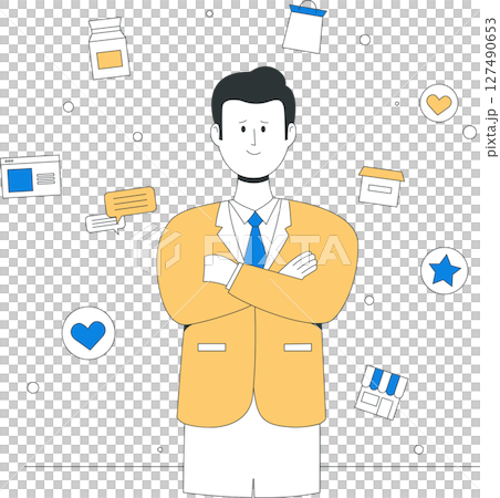 A confident businessman with strong brand identity and professional aura stands with arms crossed, surrounded by business icons, symbolizing successful brand management 127490653