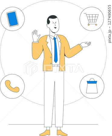 A businessperson in suit surrounded by commerce icons including phone, shopping cart, and bag, representing communication, shopping, and technology integration A businessperson in suit surrounded by commerce icons including phone, shopping cart, and bag, representing communication, shopping, and technology integration 127490655