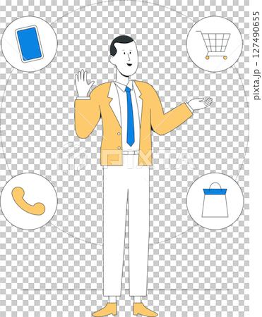 A businessperson in suit surrounded by commerce icons including phone, shopping cart, and bag, representing communication, shopping, and technology integration 127490655