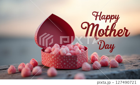 Heart-shaped candy box with Happy Mother's Day message, sweet treat celebration Heart-shaped candy box with Happy Mother's Day message, sweet treat celebration 127490721