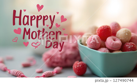 Happy Mother's Day themed image with sweets, hearts, and festive decorations Happy Mother's Day themed image with sweets, hearts, and festive decorations 127490744