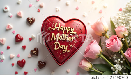 Delightful Mother's Day Still Life with Heart-Shaped Box, Roses, and Candies Delightful Mother's Day Still Life with Heart-Shaped Box, Roses, and Candies 127490760