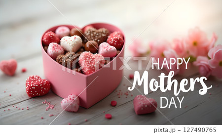Heart-Shaped Box Filled with Chocolates and Decorated with Pink Flowers for Mother's Day Heart-Shaped Box Filled with Chocolates and Decorated with Pink Flowers for Mother's Day 127490765