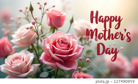 Elegant pink roses blossom in a soft focus, celebrating Happy Mother's Day 127490959