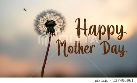 Dandelion with Happy Mother's Day Greeting Against a Soft Sky Backdrop Dandelion with Happy Mother's Day Greeting Against a Soft Sky Backdrop 127490961