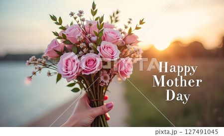 Delicate Pink Roses Bouquet for Mother's Day at Golden Hour Sunset in Nature 127491045