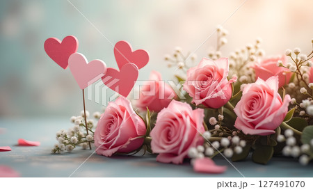 Romantic Valentine's Day Arrangement with Pink Roses and Heart Shaped Decorations Romantic Valentine's Day Arrangement with Pink Roses and Heart Shaped Decorations 127491070