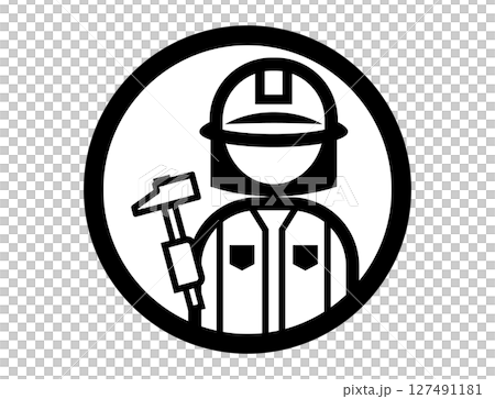 ハンマーを持った職人のシンプルな丸いモノクロイラストアイコン 127491181