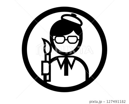 絵筆を持った画家の丸いシンプルなモノクロイラストアイコン 127491182