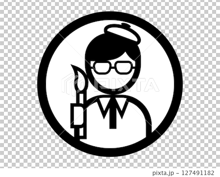 畫家手持畫筆的圓形簡單單色插圖圖標 127491182