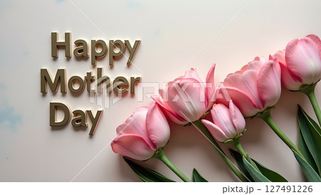 Elegant Mother's Day greeting with pink tulips and golden text decoration 127491226