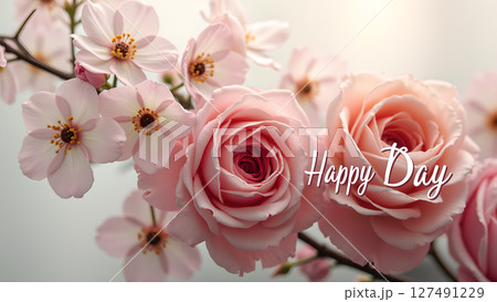 Elegant 'Happy Day' Greeting with Soft Pink Roses and Blossoms Arrangement 127491229