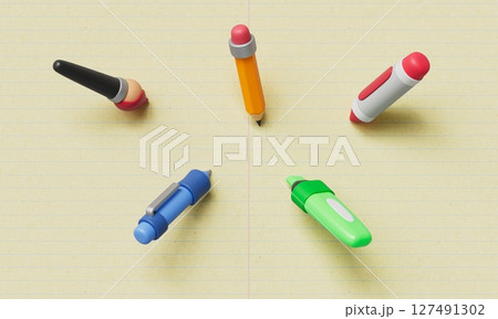 Stationery Writing and Drawing Tools, Pen,Pencil, Brush, Highlighter and Crayon. 3D Rendering. 127491302