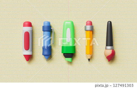 Stationery Writing and Drawing Tools, Pen,Pencil, Brush, Highlighter and Crayon. 3D Rendering. Stationery Writing and Drawing Tools, Pen,Pencil, Brush, Highlighter and Crayon. 3D Rendering. 127491303