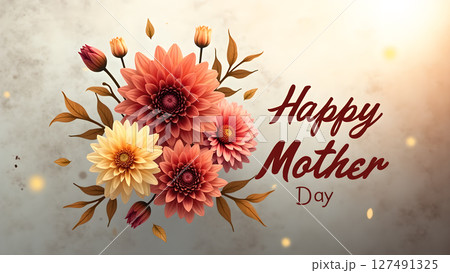 Elegant happy mother's day card featuring colorful dahlias and warm lighting 127491325