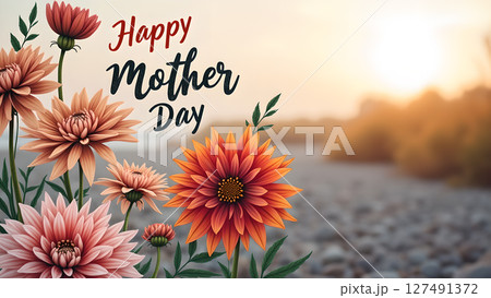 Elegant Mother's Day Floral Greeting with River Sunset Background, celebration Elegant Mother's Day Floral Greeting with River Sunset Background, celebration 127491372