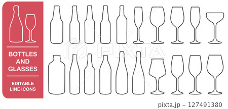Set of different wine glasses and beer bottles icon symbols. Editable stroke line icons collection. Vector illustration image. Wine glass and bottles silhouette shape sign. Isolated on white  127491380