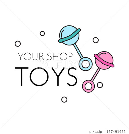 Toy shop logo template with rattles. Sign, label for children and kids design, promotion Toy shop logo template with rattles. Sign, label for children and kids design, promotion 127491433